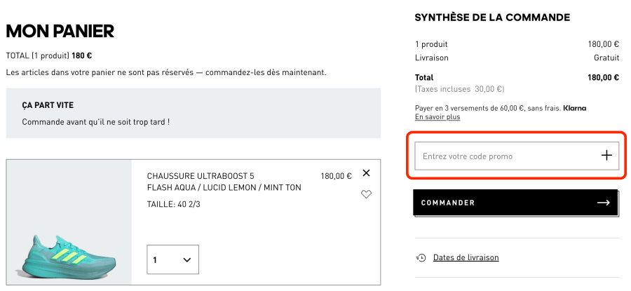 Case pour un code promo Adidas