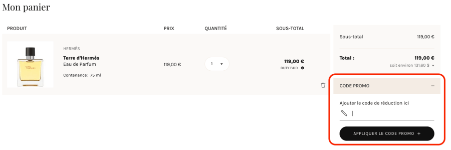 Case pour un code promo Aelia Duty Free