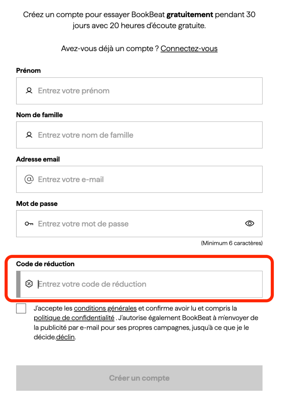 Place pour un code promo BookBeat