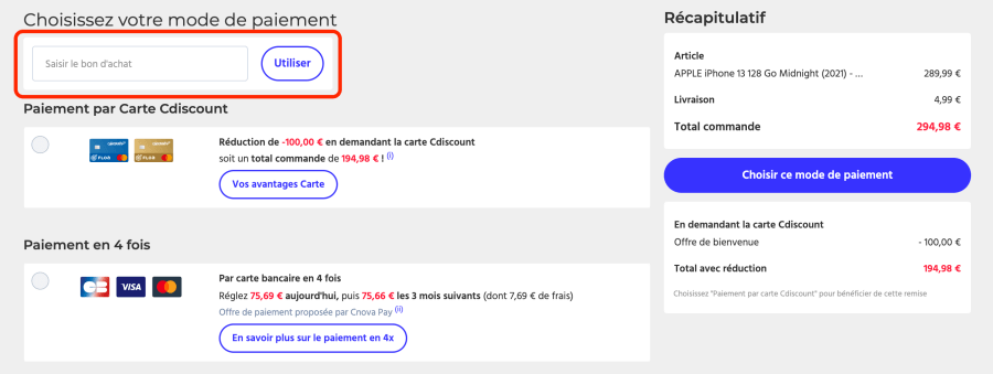 Place pour un code promo Cdiscount