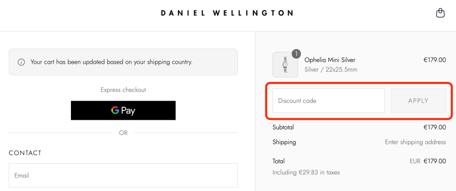 Place pour code promo Daniel Wellington