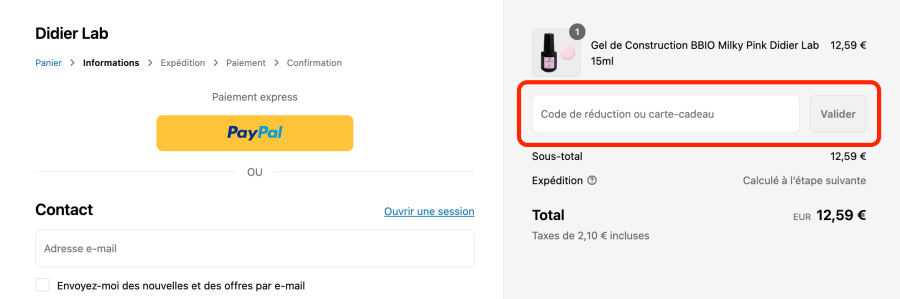 Case pour un code promo Didier Lab