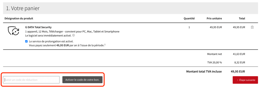 Place pour un code promo G DATA