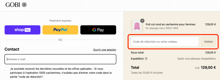 Place pour un code promo GOBI Cashmere
