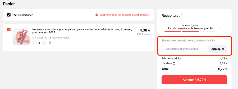 Case pour un code promo Joom