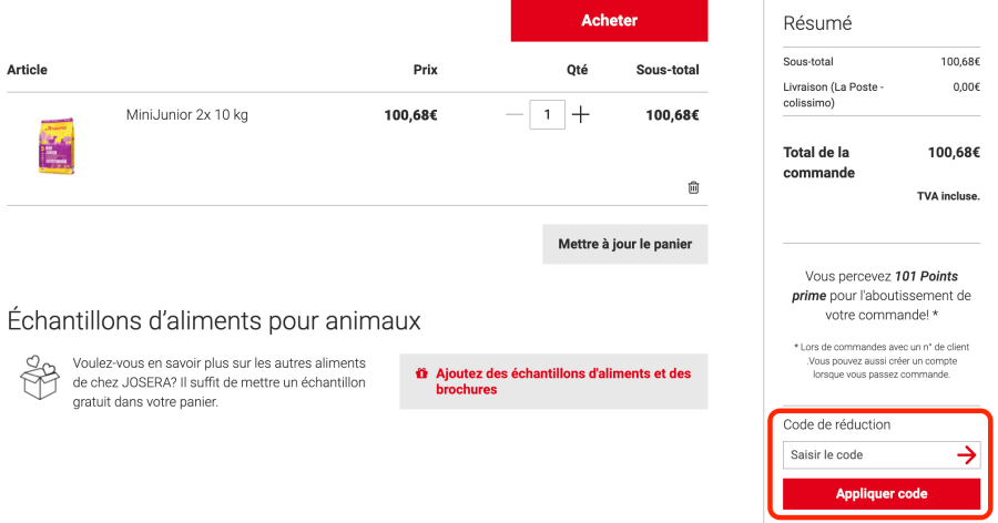 Case pour un code promo Josera