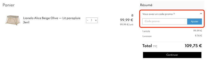 Case pour un code promo Lionelo