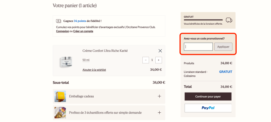 Case pour un code promo L'Occitane