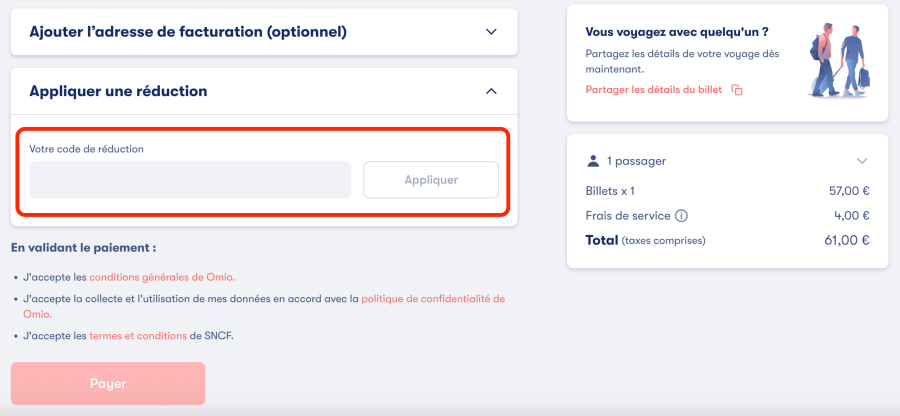 Place pour un code promo Omio