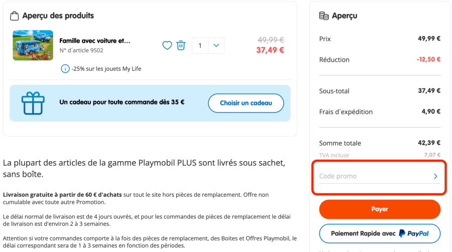 Place pour un code promo Playmobil