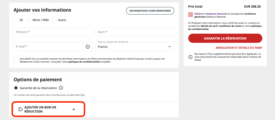 Case pour un code promo Radisson Hotels