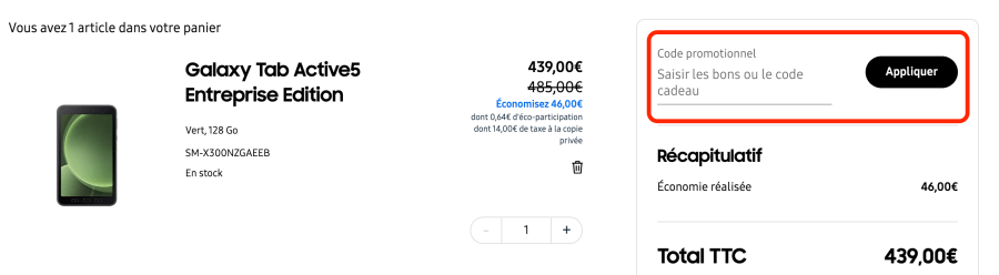 Place pour un code promo Samsung