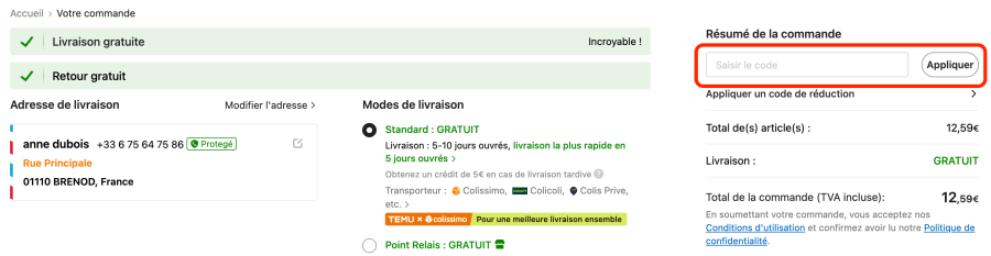 Place pour un code promo TEMU