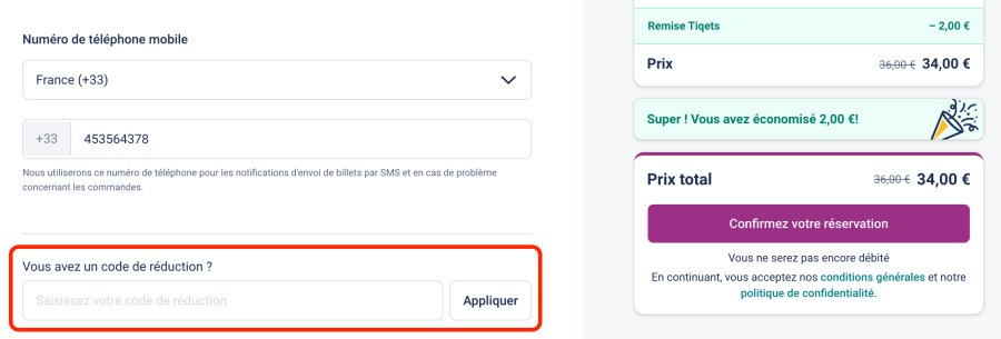 Case pour un code promo Tiqets