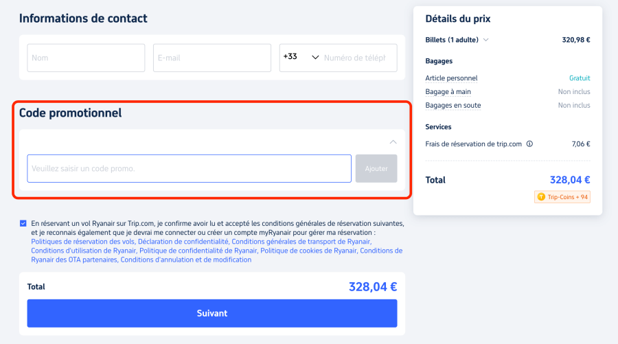 Place pour un code promo Trip.com