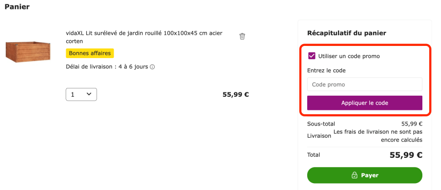 Place pour un code promo VidaXL